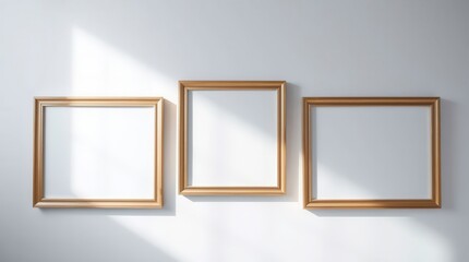 Three gold picture frames hang side-by-side, basking in the sunlight against a plain white wall.