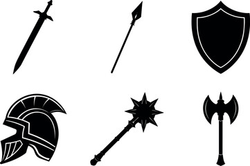 Collection of medieval weapons and armor silhouette vector illustration