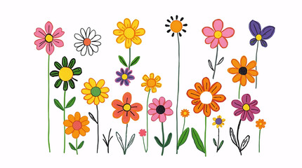 bright vector illustration of tall flowers with thin stems in different sizes and colors