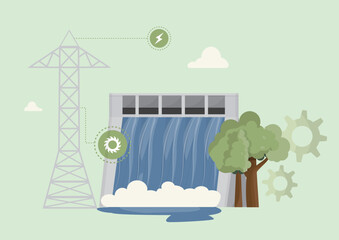Hydroelectric dam renewable energy. Clean power generation concept. Green technology. Renewable energy. Sustainable power technology. Hydraulic energy concept. Flat design. Vector illustration