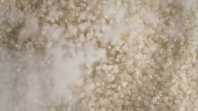 Macro video of korean rice. Close up of korean sushi rice on rotating disk.