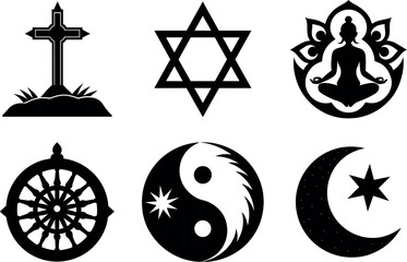 Various religious symbols black and white silhouette vector illustration