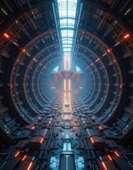 the image depicts a futuristic tunnel with a circular shape, suggesting a high tech environment. the structure is lined with detailed, metallic panels that create layers of depth