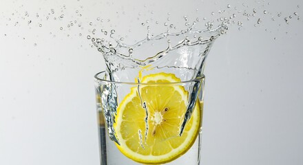 Lemon Slice Plunging into Glass of Water Creating Splash Crown