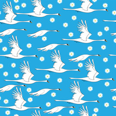 Hand draw swans over blue background seamless pattern