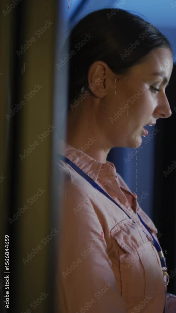 Poster animation of data processing over caucasian female it engineer and computer servers
