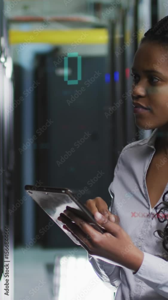 Poster animation of data processing over african american female it engineer and computer servers