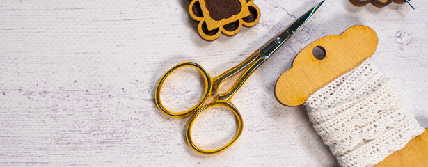 Accessories for hobby. Hoop snaps, threads, needles and scissors. Vintage tools for embroidery and...