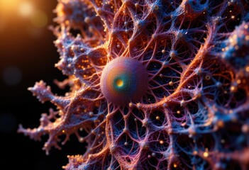 the image shows a detailed, abstract structure that resembles a biological form or a complex network. a central, colorful, spiraling orb takes prominence, with hues of yellow, green, blue, and purple