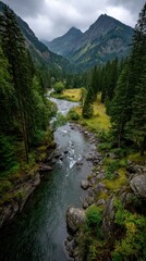A serene river flows gently through a vibrant valley surrounded by towering mountains