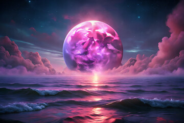 Magiczny wschód księżyca nad oceanem – surrealistyczny pejzaż i kosmiczna atmosfera