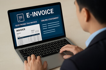 Businessman using laptop for e-invoice and online statement management with digital tax billing interface