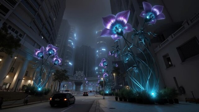 A city street filled with lots of tall buildings and flowers