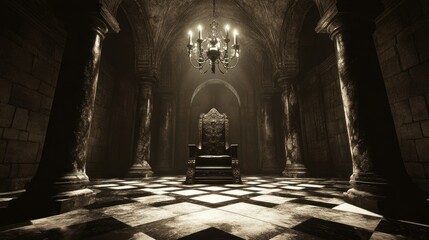 A grand, dark throne room with pillars and a chandelier.