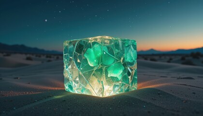 the image showcases a luminous cube resting on a sandy surface, set against a backdrop of a dusk sky and distant mountains