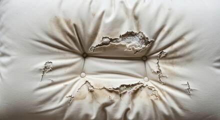 Obraz premium Close-up of a severely damaged, ripped, and stained white tufted mattress, revealing exposed stuffing and decay.