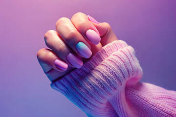 Kobieta z pastelowym manicure i różowym swetrem – styl, elegancja i pielęgnacja