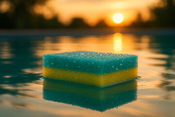 Cleaning sponge floating on calm water with sunset reflection and droplets