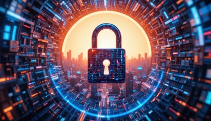the image features a prominent security mechanism floating above an abstract city backdrop, set against a glowing, circular opening