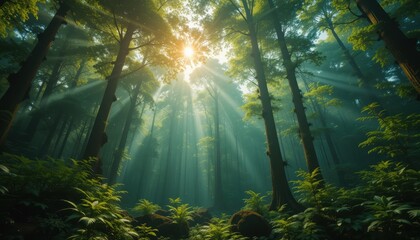 the image captures a dense forest from a low angle, emphasizing the towering trees. sunlight streams down from above, creating dramatic rays of light that illuminate the misty undergrowth