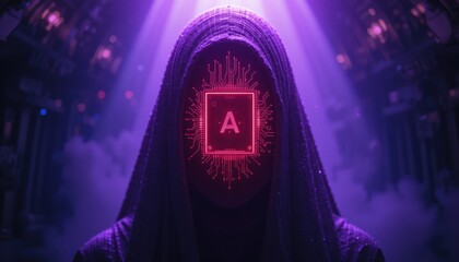 the image features a cloaked figure bathed in purple light in an industrial setting