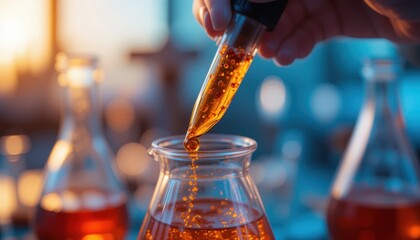 the photograph depicts a fluid dispensing from a dropper into a flask in a research setting