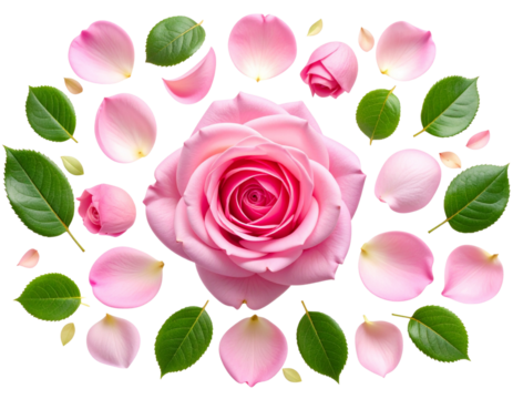  Set Top View Blooming Pink Rose with Detached Petals and Leaves, Isolated PNG