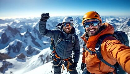 Mountain Climbers Summit Selfie: Triumphant Hikers Celebrate Peak Achievement in Snowy Alps