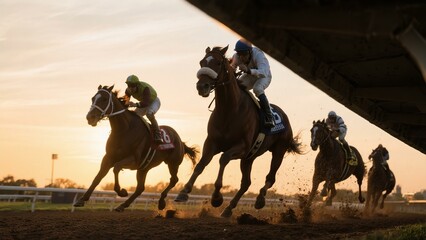 Dramatic Sunset Horse Race: Jockeys Battle for Victory Under Bridge, Stunning Silhouette Photography