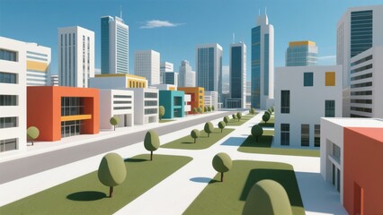 Colorful Low-Poly Cityscape Illustration: Modern Urban Architecture Design, 3D Render, Bright Buildings, Sunny Day