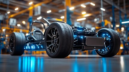 Fototapeta premium futuristic electric car chassis assembly in factory setting