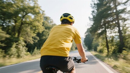 Man in Yellow Shirt Cycling on Scenic Road Mountain Bike Ride Summer Outdoors Helmet Active Lifestyle Adventure Travel