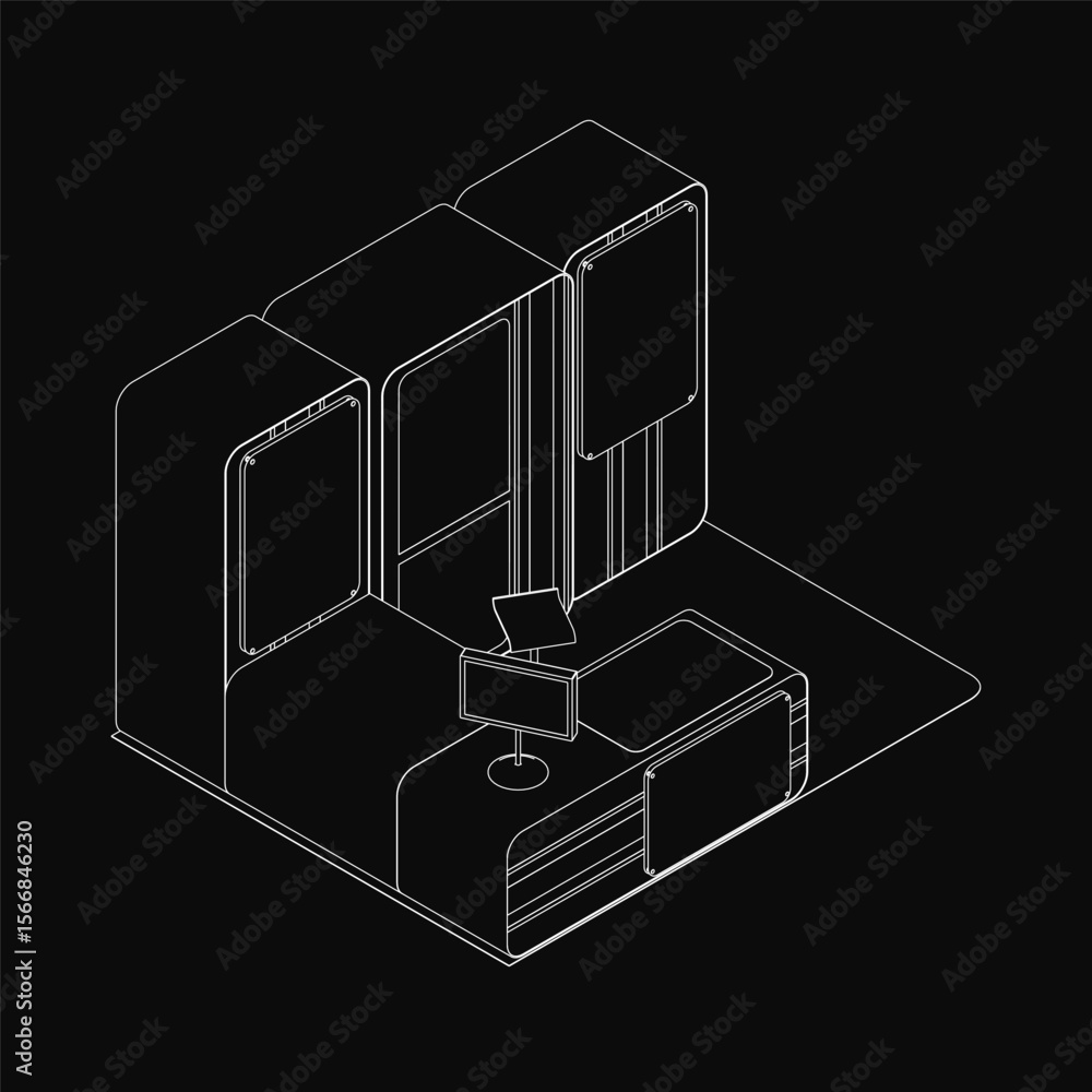 Poster a detailed black and white line drawing of a 3d printer on a dark background highlights its intricat