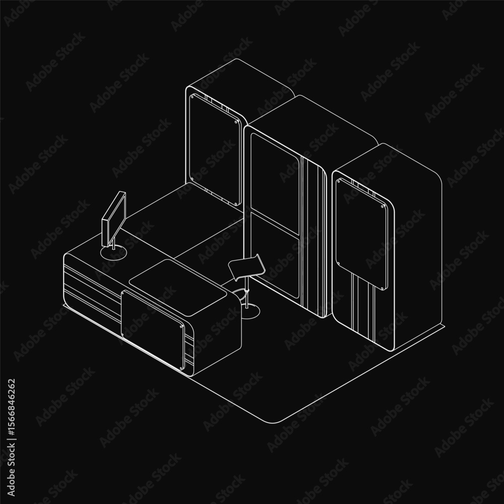 Poster a black and white line drawing of a reception desk with a computer and monitor, accompanied by a cha
