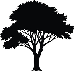 Tree silhouette with dense foliage and spreading branches simple black vector design