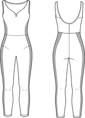 Sleeveless jumpsuit fashion sketch front and back views, V-neckline, contrast side panels, scoop back, fitted waist, seam details, garment illustration template
