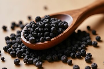 Black pepper in a wooden spoon. Black peppercorns. Culinary blogs, spice advertisements, recipe books, cooking websites, and natural food product packaging concept