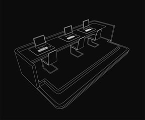 A black and white line drawing of a reception desk with three laptops, set against a dark background. The clean, minimalist design highlights modern office equipment with precise details.