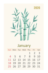 watercolor 2026 calendar page for January. east painting of bamboo branches