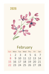watercolor 2026 calendar page for February. east painting of orchid flower