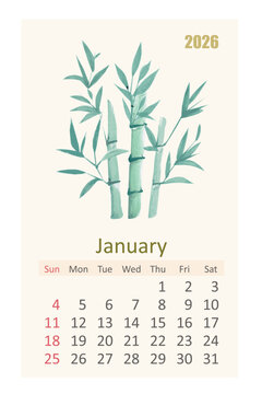 watercolor 2026 calendar page for January. east painting of bamboo branches
