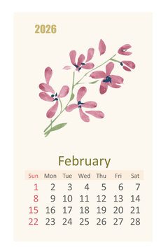 watercolor 2026 calendar page for February. east painting of orchid flower