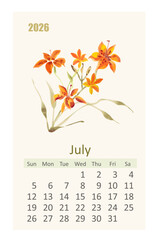 watercolor 2026 calendar page for July. east painting of orange lily flower