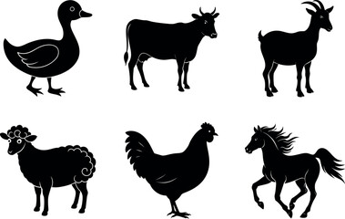 Fototapeta premium Farm animals collection duck cow goat sheep chicken horse silhouette vector illustration