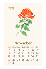 watercolor 2026 calendar page for November. east painting of chrysanthemum flower
