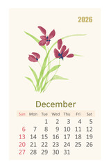 watercolor 2026 calendar page for December. east painting of orchid flower