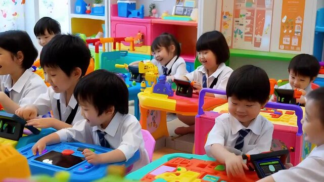 Smiling diverse students playing with colorful toys in bright classroom. Group of young children enjoying creative activities, learning and having fun in kindergarten education setting.


