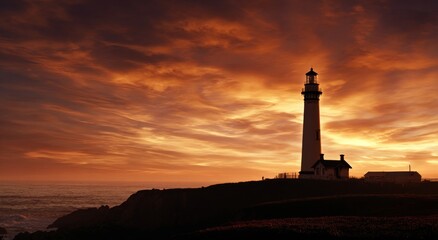 Seaside Beacon at Dawn A Coastal Lighthouse Standing Tall Under a Dramatic Sky at Sunrise