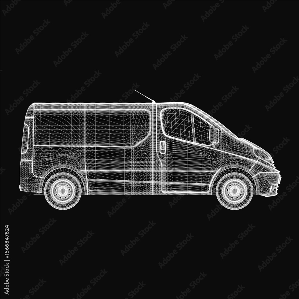 Poster van wireframe model displays intricate vehicle structure on a black background. the 3d rendering hig