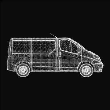 Van wireframe model displays intricate vehicle structure on a black background. The 3D rendering highlights detailed contours, frame design, and spatial dimensions.